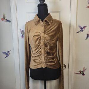 SO Corduroy Ruched Top L Dark Academia Cottagecore Collared Y2K Brown Knit Top